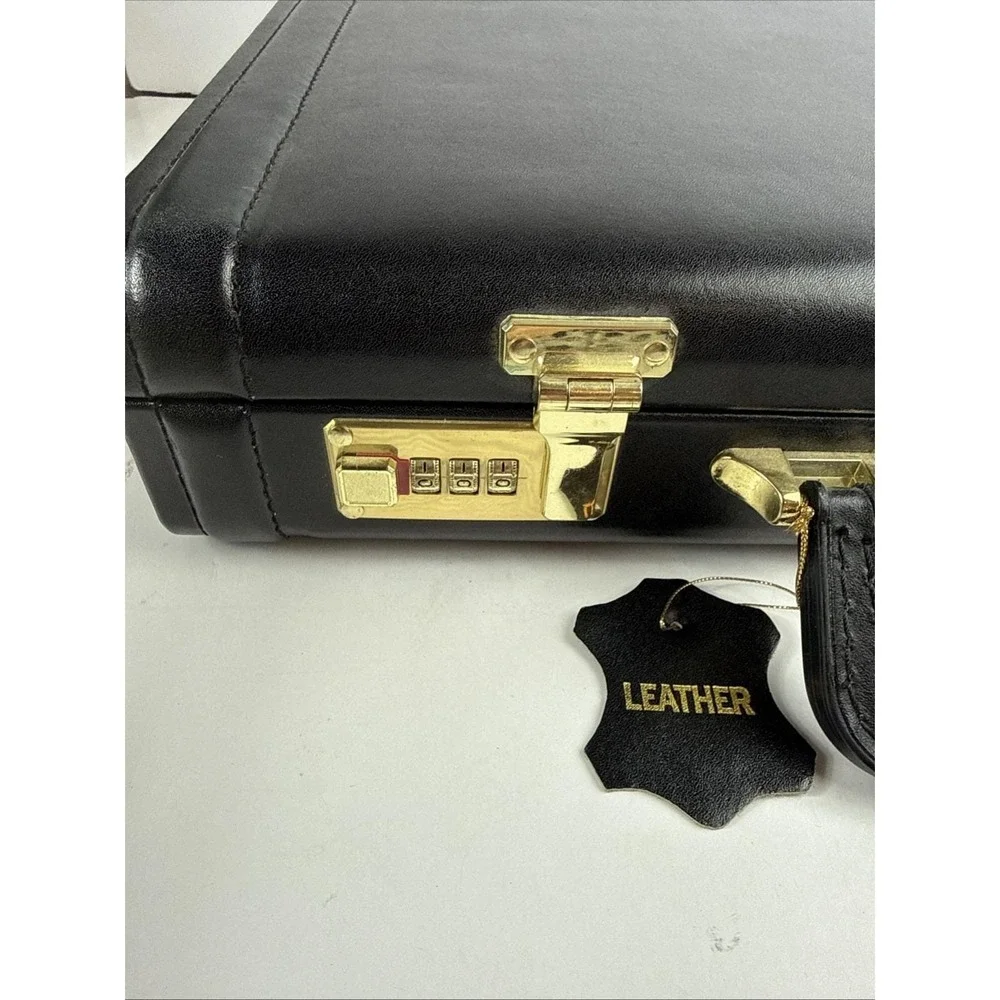 Vintage Black Leather Briefcase Hard Case Brass Dual Combination Locks New